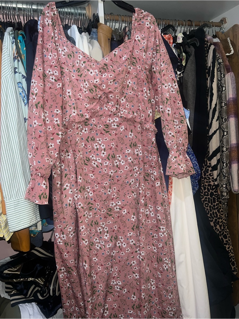 SHEIN Dusty Rose Floral Long Sleeve Maxi Dress